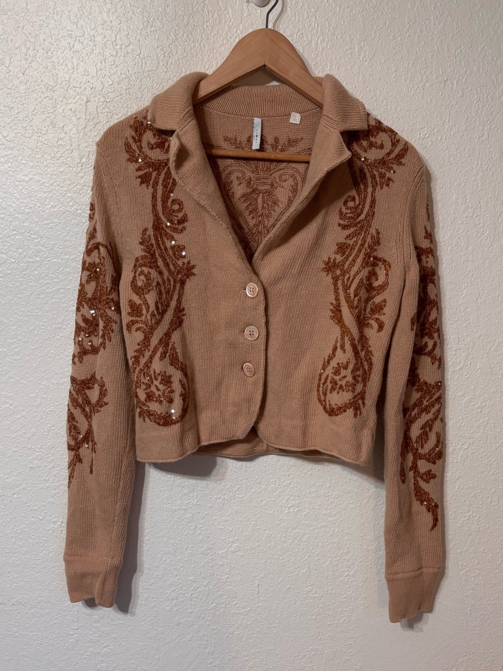 Vintage Isli Boho Luxe Sequin Wool Collared Cardigan Size 6